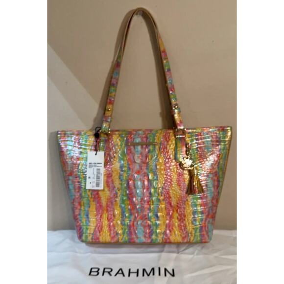 BRAHMIN Medium Asher Tote Bag Yellow Green Pink Saltwater Taffy Handbag NWT